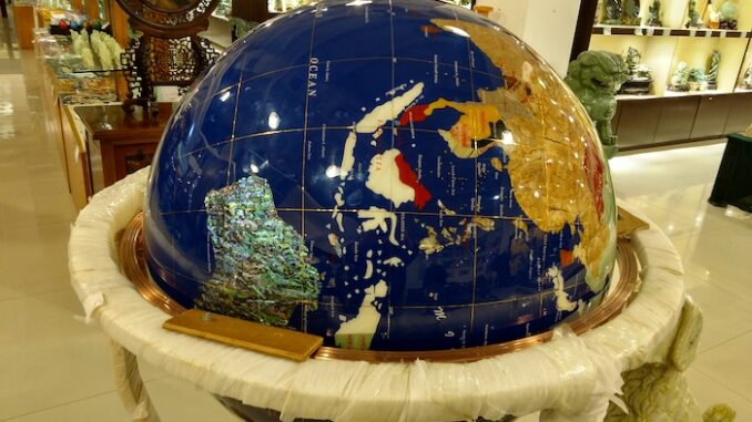 Jade work can be exquisit as seen with this multyi-colored globe. Beautil, but too heavy to bring home